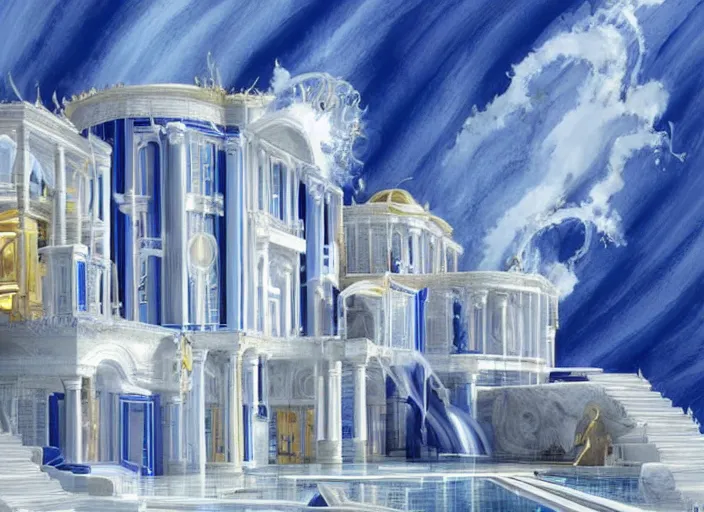 Prompt: modern chic futuristic royal blue and white house with gold intricate details at Pamukkale, thermal waters flowing down white travertine terraces, ethereal and dreamy heavenly clouds, holy, divine, heavenly kingdom, intricate, elegant, luxurious, digital painting, concept art, smooth, sharp focus, from Star Trek 2021, illustration, by WLOP and Ruan Jia and Mandy Jurgens and William-Adolphe Bouguereau, Artgerm