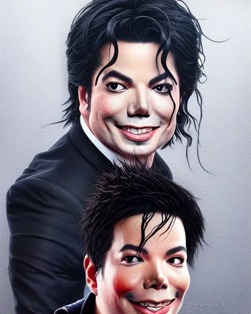 Image similar to Portrait Michael Jackson & Michael Mcintyre, drunk, in Ibiza, ,real life skin, intricate, elegant, highly detailed, artstation, concept art, smooth, sharp focus, art by artgerm and greg rutkowski and alphonse mucha