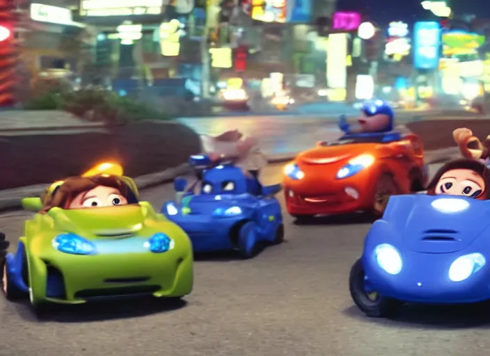 Image similar to peter dinklage racing vin diesel driving a little tikes cozy coupe cars at night tokyo, movie still, from the new fast and furious movie, 8 k, realistic