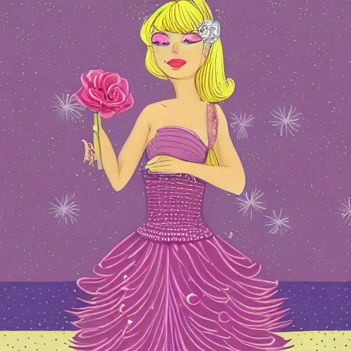 Prompt: Princess with blonde hair and bangs, wearing a fancy pink ball dress and pearl earings, holding a pink and purple flower boquet in a light pink room by Dan Mumford and Sandra Chevrier, 4k, vivid lighting