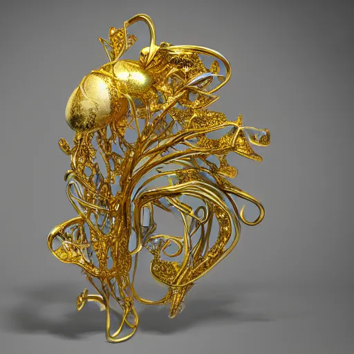 Prompt: gold jewellery with filigree faberge orchid betta whiplash forest liquid lightshow twisted organic natural forms designed by giger, golden, studio lit, 4 k, octane render