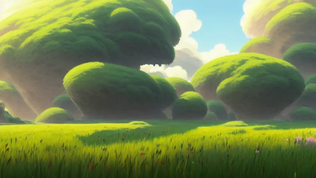 Prompt: open fields landscape, studio ghibli, pixar and disney animation, sharp, rendered in unreal engine 5, highly detailed, digital painting, artstation, concept art, smooth, sharp focus, illustration, wide angle, artbook, wallpaper, splash art, promo art, dramatic lighting, art by artgerm and greg rutkowski and bo chen and jin xiaodi