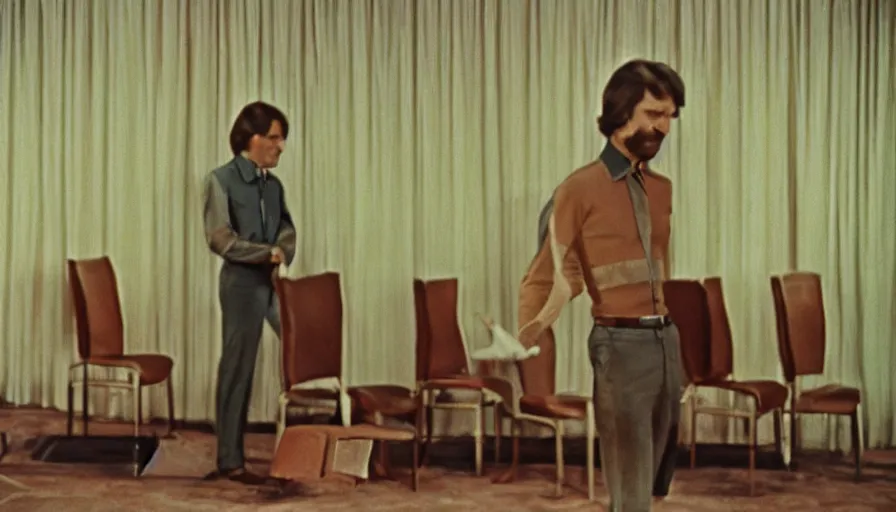 Image similar to 70s movie still of a man with elongated head in a soviet ballroom, eastmancolor, heavy grain, high quality, higly detailed, liminal space
