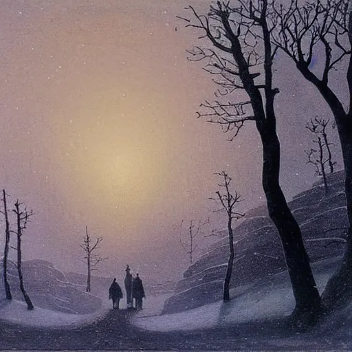Image similar to if on a winters night a traveler, a beautiful painting by caspar david friedrich