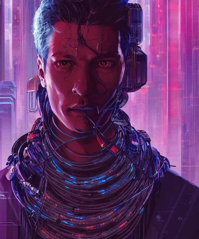 Prompt: a portrait of a male cyberpunk netrunner made of cables, fantasy, elegant, digital painting, artstation, concept art, matte, sharp focus, illustration, art by josan gonzalez