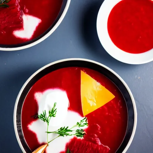 Image similar to a bowl of borscht wearing cat ears, award winning food photo, 4 k, delicious, polish food, high quality