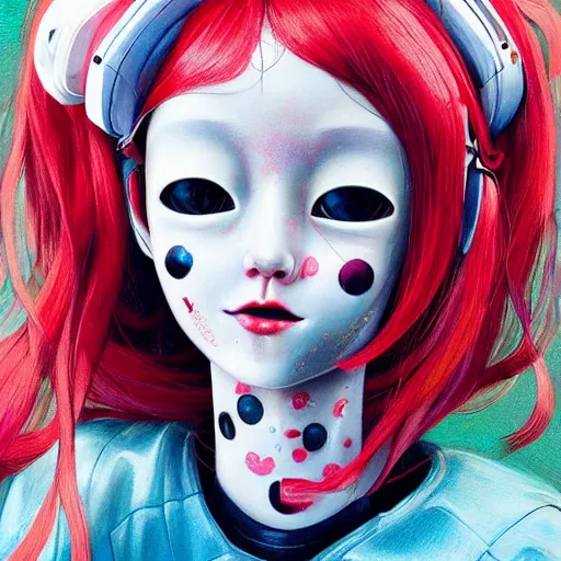 Image similar to a mannequin with a red hair and a smiley face, cyberpunk art by hikari shimoda, featured on cgsociety, pop surrealism, anime aesthetic, high detailed, detailed painting