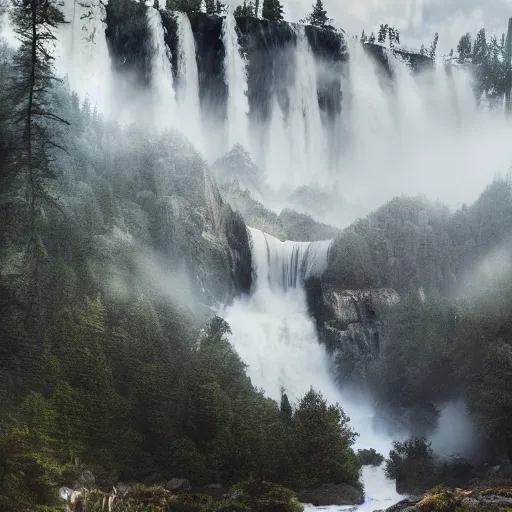 Prompt: photo of a mammoth next water fall mist, highly detailed, gettyimages, cinematic lighting, 4 k hd photo, trending on artstation, hyper realistic rendering photography, ultra wide angle, long shot, 8 k