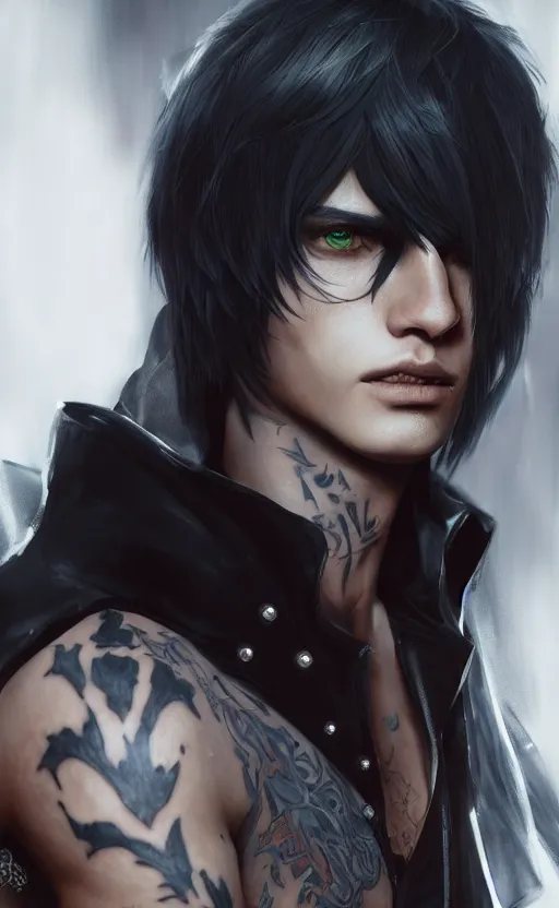 Image similar to V from Devil May Cry as an elf, black hair and tattoos, close up portrait by loish and WLOP, octane render, dynamic lighting, highly detailed, sharp focus, asymmetrical portrait, dark fantasy, trending on ArtStation