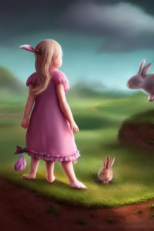 Prompt: matte sharp painting cute little girl and rabbit landscape painted by mark rydel artstation behance storybook style pastel colors