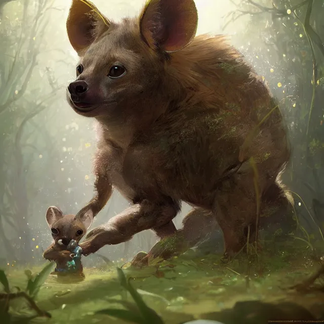 Image similar to a beautiful painting of a cute brown baby hyena in a forest. disney character design by cory loftis, fenghua zhong, ryohei hase, ismail inceoglu and ruan jia. artstation, volumetric light, detailed, photorealistic, rendered in octane