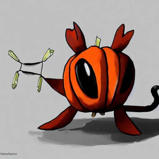 Image similar to A pokemon that looks like a A beetle, with a pumpkin-like shell that causes storms when it takes off，Trending on art station. Unreal engine.