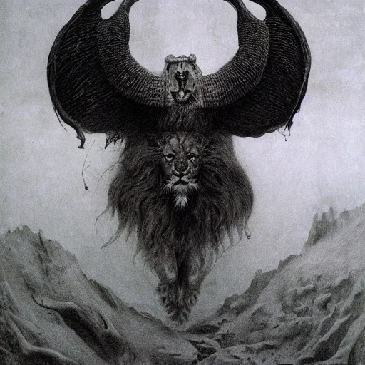 Image similar to metamorph with four faces : man, lion, eagle, bull. drawn by zdzislaw beksinski