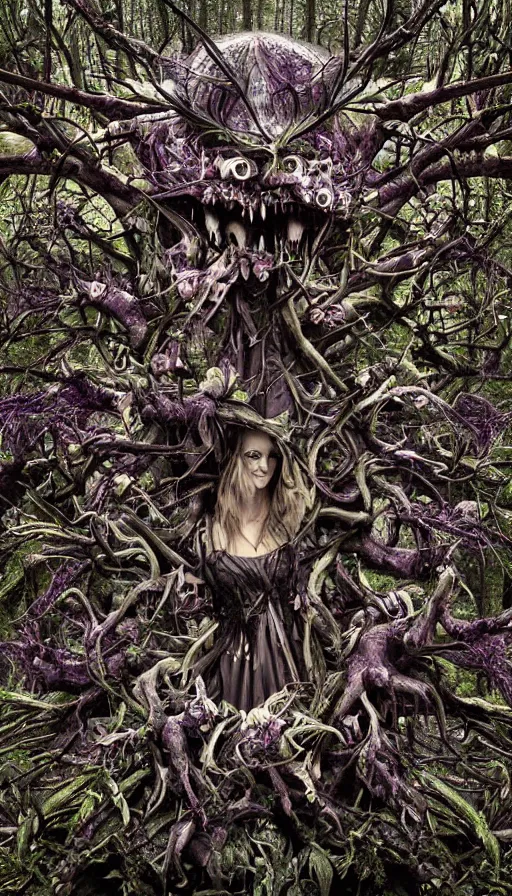 Image similar to a storm vortex made of many demonic eyes and teeth over a forest, by kirsty mitchell