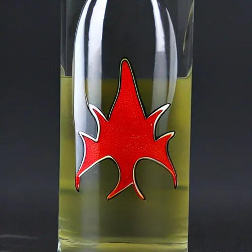 Prompt: a glass vodka bottle with minimalistic retro fire jalapeno designs in a plique - a - jour enameling technique, 5 0. 0 mm