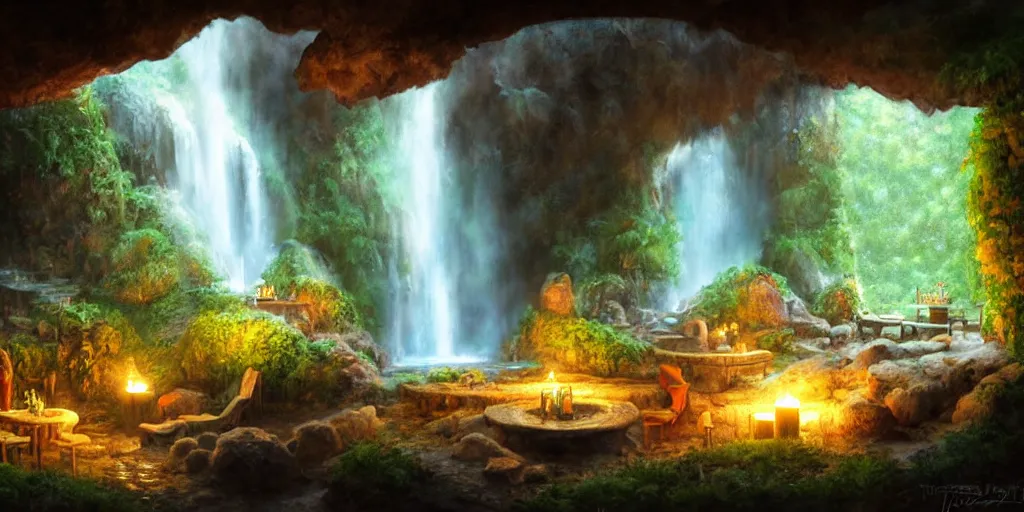 Image similar to detailed interior of cozy hotsprings hidden inside a cave, small waterfalls, lush vegetation, flowers, towels, plates of fruit, candlelight, digital painting, concept art, light shafts, stunning atmosphere, by gerald brom, cinematic lighting