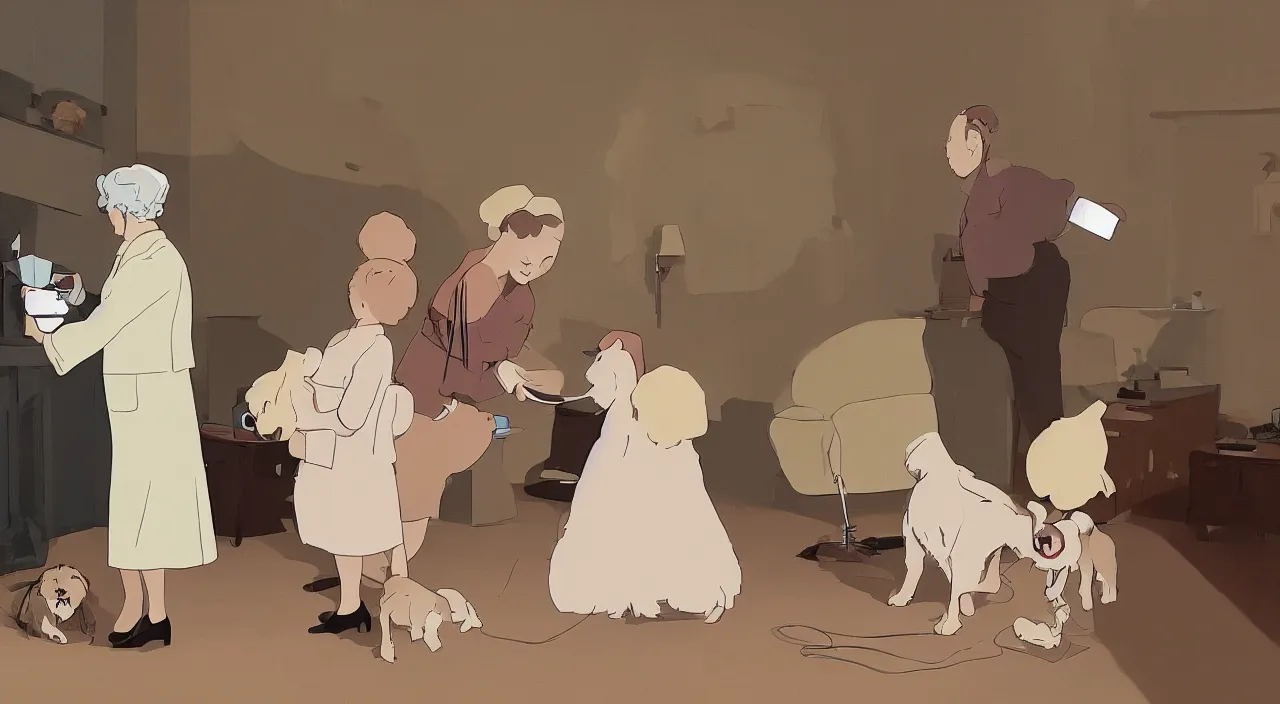 Image similar to queen of england placing a medal on the neck of a cream - colored havanese dog, england, 1 9 0 0, tartakovsky, atey ghailan, goro fujita, studio ghibli, rim light, happy, warm lighting, clear focus, very coherent