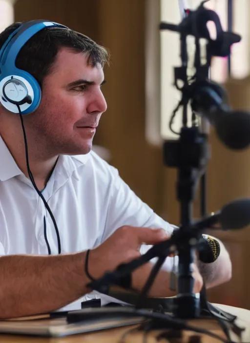 Image similar to photograph of saint thomas aquinas recording a podcast wearing headphones 8k UHD detailed 85mm CANON EOS