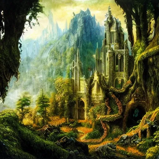 Image similar to a beautiful and highly detailed epic oil painting of an elven palace in the mountains, lush valley, beautiful trees, tangled rune vines, ancient stone runes, intricate details, epic scale, insanely complex, 8 k, sharp focus, hyperrealism, fantasy landscape, psychedelic, by caspar friedrich, brian froud, albert bierstadt,