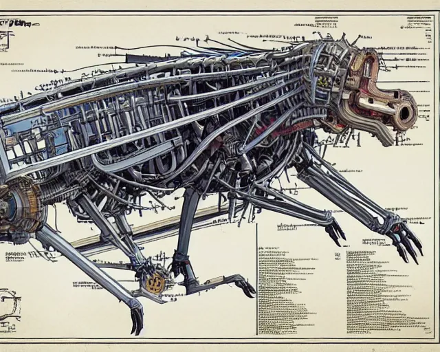 Prompt: a full page of a mechanical blueprint showing a cutaway design for a mechanized six legged wolf from howl's moving castle ( 2 0 0 4 ), with a big head, muted colors, post grunge, studio ghibli, hq,