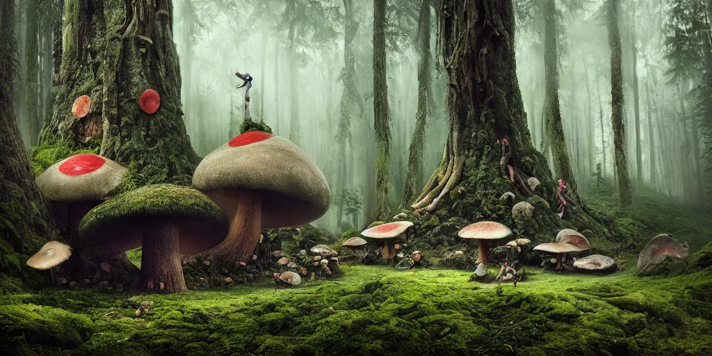 Prompt: Photo by Filip Hodas of the cinematic view of the Forest of the Giants, a troll is eating a giant mushroom, photorealism, photo taken with canon 5D