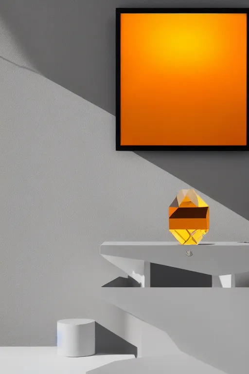 Image similar to a giant cubic orange and yellow crystal on a white table near a window at sunset, hyperrealistic, highly detailed, high qualit, 8K, godrays, warm lighting, path traced, high coherence, calm, macro photo, symmetrical, photorealistic, low contrast, serene landscape, beautiful, geometric