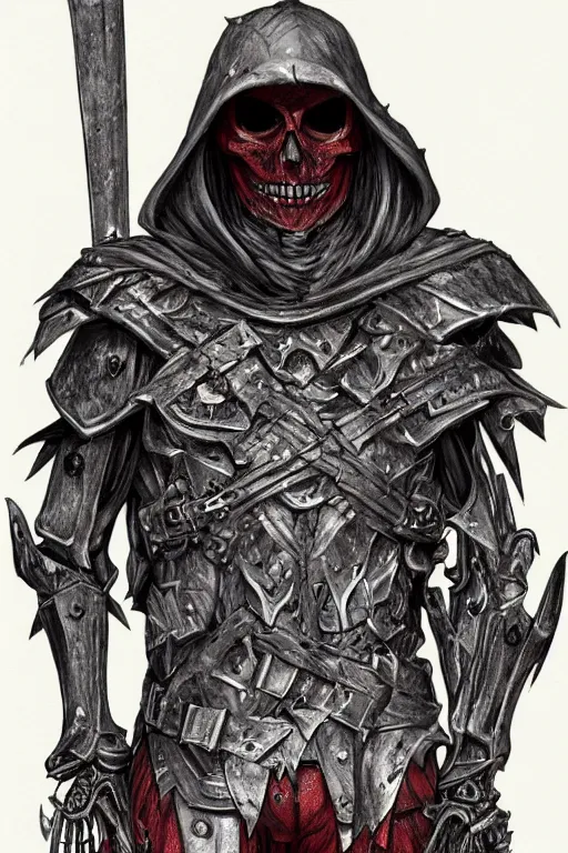 Prompt: a full body shot of a Skeleton warrior by Tomohiro Shimoguchi, red skeleton face,black hood, black heavy armor, wears shorts, highly detailed,artstation,manga,pencil art on paper, symmetrical body, symmetrical face