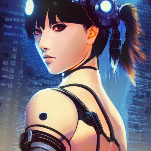 Image similar to A beautiful cyborg woman with big and cute red eyes || VERY ANIME, fine-face, realistic shaded perfect face, fine details. Anime. realistic shaded lighting poster by Ilya Kuvshinov katsuhiro otomo ghost-in-the-shell, magali villeneuve, artgerm, Jeremy Lipkin and Michael Garmash, Rob Rey and Kentarõ Miura style, trending on art station