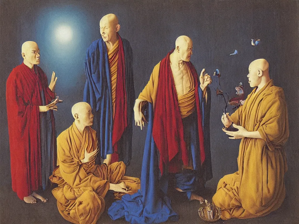 Image similar to Portrait of albino mystic with blue eyes, with Buddhist monk. Painting by Jan van Eyck, Audubon, Rene Magritte, Agnes Pelton, Max Ernst, Walton Ford