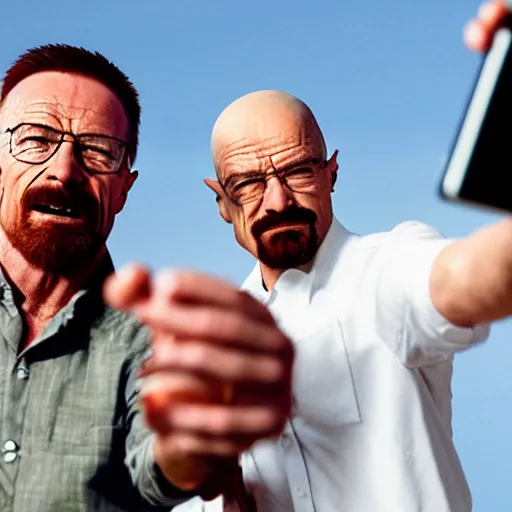 Prompt: Walter White taking a selfie with a Mexican guy