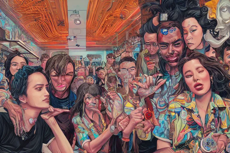 Image similar to Drunks people in bar, Tristan Eaton, victo ngai, artgerm, RHADS, ross draws