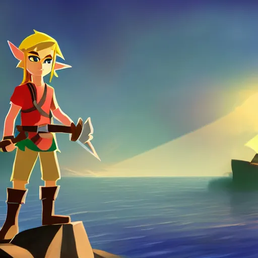 Prompt: link standing on an island ready for battle with a pirate ship in the distance, dramatic lighting, diffused light, haze, lens flare, detailed wind waker concept art, trending on artstation