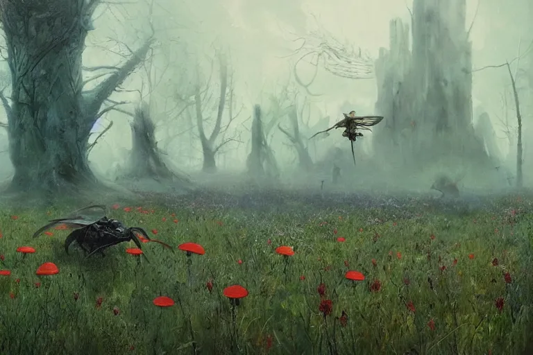 Prompt: surreal painting by greg rutkowski and enki bilal!!, garden wild flowers + poison toxic mushrooms + long grass + garden dwarfs + giant mosquito + mystic fog, 8 0's vintage sci - fi style, rule of third!!!!, cinematic, 8 k, super detailed, high quality