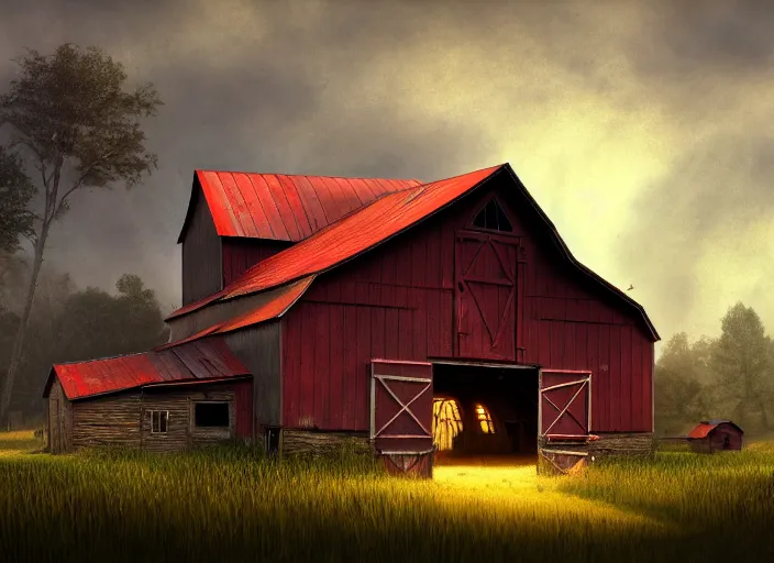 Image similar to A barn at an Iowan farm, barndoors broken open by a running baba yaga hut, game art matte painting hyperdetailed, artstation, cgsociety, 8k, surreal dream landscape
