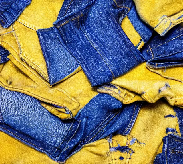 Prompt: a 4 k photorealistic photo full shot of a yellow and blue gun denim.