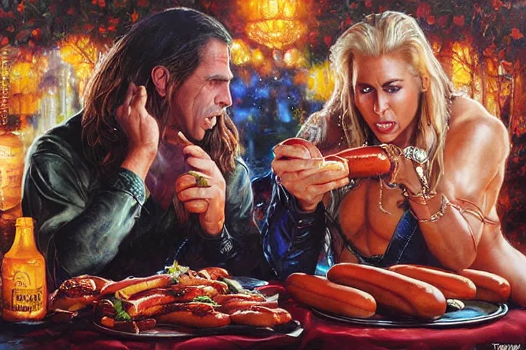 Image similar to portrait of wwf shawn michaels and queen elizabth sharing hotdogs, an oil painting by ross tran and thomas kincade