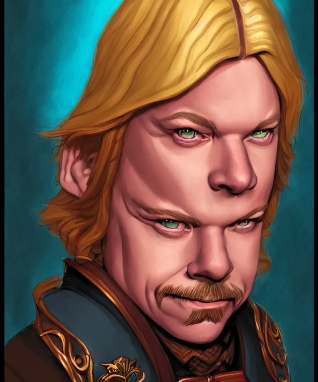 Image similar to a fantasy comic - style full portrait of a halfling maitre'd who looks like david spade, digital illustration by ken taylor and sana takeda and jenny frison, character design, concept art, fine inking lines, vivid colors, dnd, highly detailed!, hd, 4 k, trending on artstation