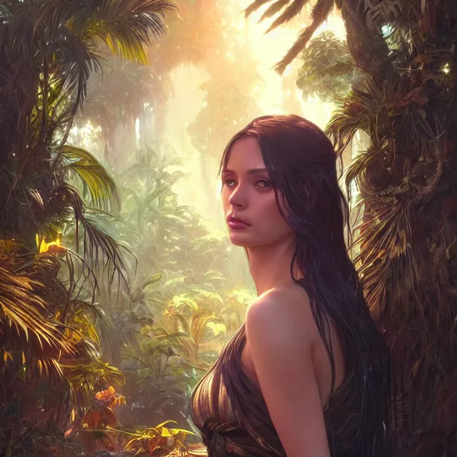 Prompt: close up portrait of beautiful! female, fantasy forest setting at night!, shiny wet skin!!, palm trees and waterfall in the background, raytracing, art by artgerm, greg rutkowski and alphonse mucha, artstation, octane render,