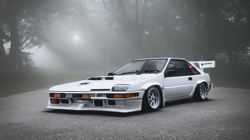 Image similar to a toyota ae 8 6 with pop up headlights, cinematic, long exposure, white balance, 8 k, led, lumen global illumination, fog, ray tracing reflections