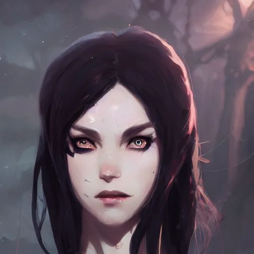 Image similar to female human vampire witch in the style of greg rutkowski, makoto shinkai, trending on artstation, character design, concept art, pretty face, highly detailed, long black hair, portrait, digital art