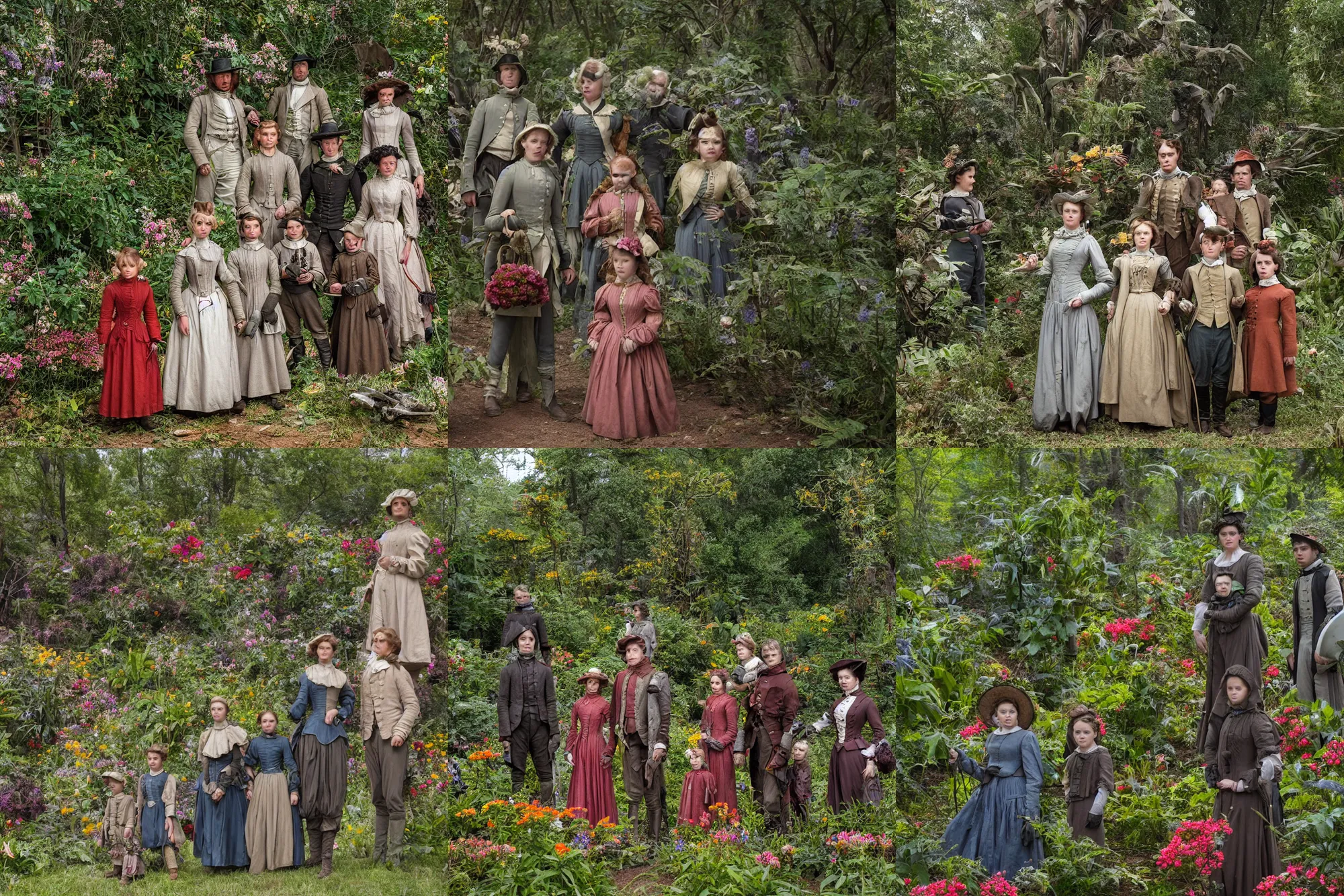 Prompt: sharp, detailed, 36864k film, 175000mm film still from a sci fi blockbuster color movie made in 2019, set in 1860, of a family standing in a park, next to some strange alien plants and flowers, on an alien planet, the family are all wearing 1860s era clothes, good lighting, enhanced faces, 70mm f/1.4L lens