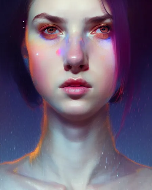 Image similar to young glitched woman, beautiful girl, close up portrait, bright, highkey, realistic, serov, surikov, vasnetsov, repin, kramskoi, uplight, insanely detailed, charlie bowater, tom bagshaw, octane rendered,, 8 k, unreal engine, illustration, trending on artstation, masterpiece