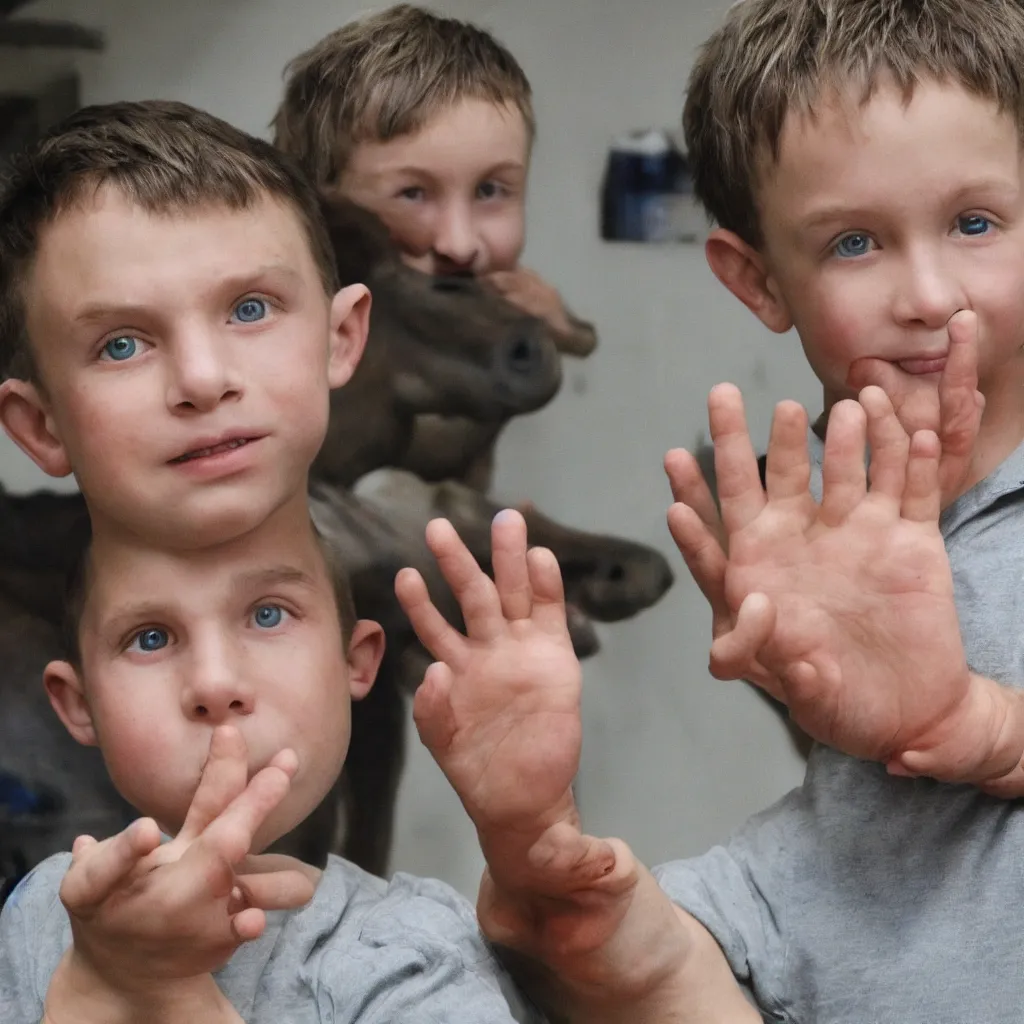 Image similar to a boy whose hands have been replaced by horse hooves and his eyes are literally the size of bowling balls