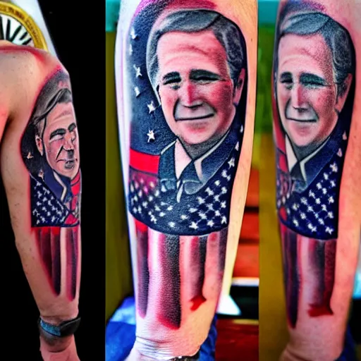 Image similar to tattoo of george w. bush with a mission accomplished! banner