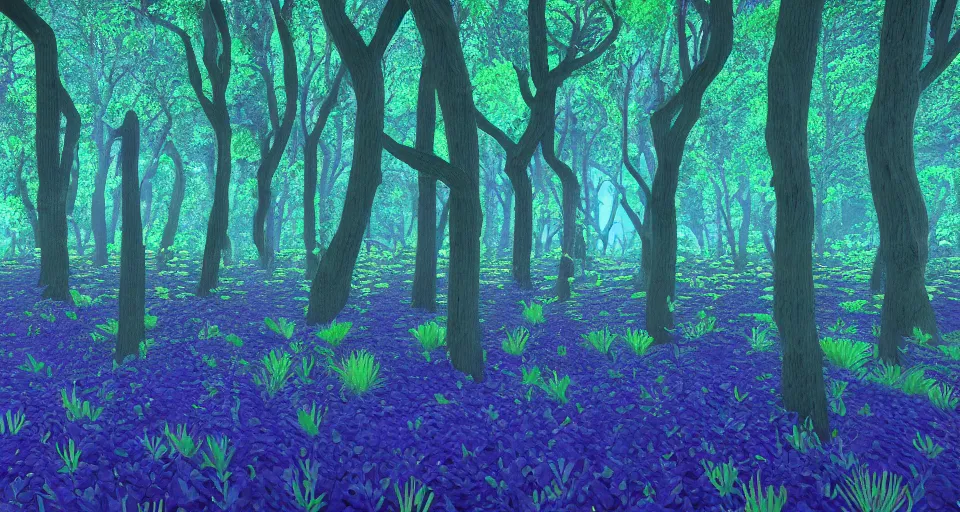 Image similar to 3d Render of blue green red and purple deep sea forest, grainy, noisy