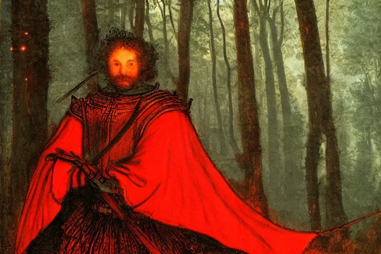 Prompt: a shining red knight in a magical twilight forest in the style of rembrandt