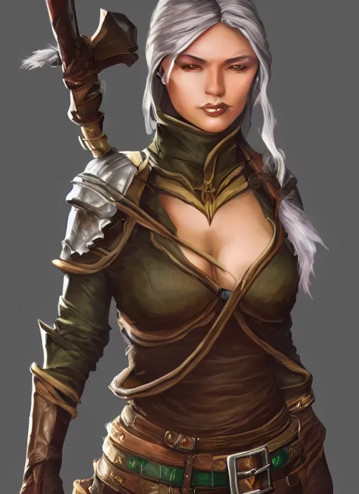 Image similar to fantasy female rogue dnd character portrait, full body, dnd, rpg, lotr game design fanart by concept art, behance hd, artstation, deviantart, global illumination radiating a glowing aura global illumination ray tracing hdr render in unreal engine 5