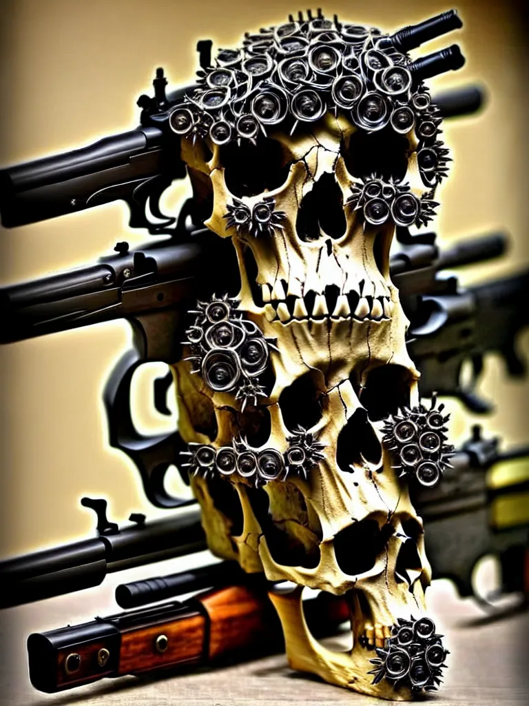 Image similar to animal skull made of rifles, skull made of revolvers, ultra-realistic, intricate details photograph