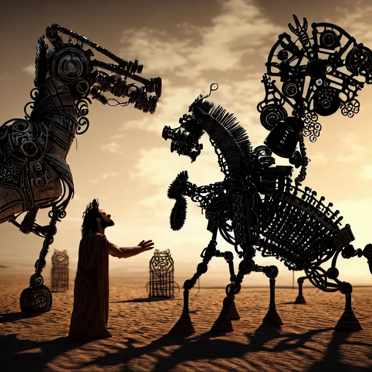 Prompt: A techno-magical shaman performs a ritual to resurrect a mechanical horse. The steel ancient ruins are covered with sand. masterpiece, fantasy art, future, cinematic, hyperdetailed, photorealistic, sigil, hyperrealism, octane rendering, 8k, depth of field, bokeh, shadows
