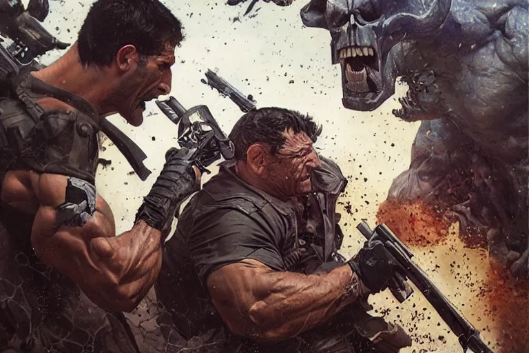 Prompt: portrait of morgan aste as the punisher blasting a lizard beast with a shotgun, greg rutkowski, rick berry, norman rockwell, greg staples, nc wyeth, arstation, greg rutkowski